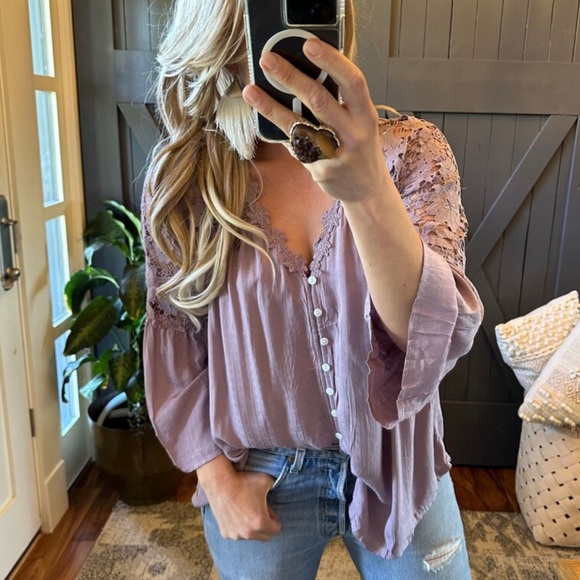 New Boho Lilac Purple Lace Festival Button Front Blouse Top Shirt - Picture 2 of 12